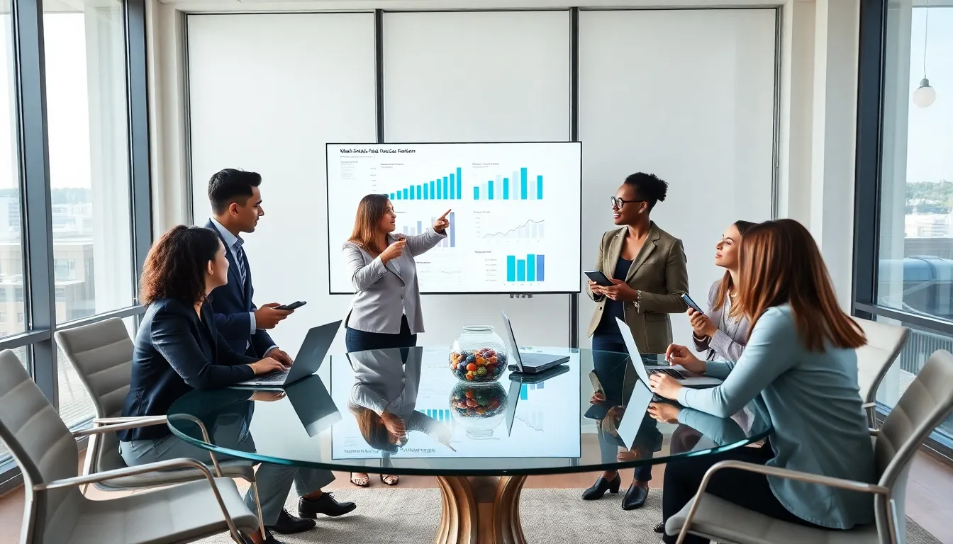 diverse professionals brainstorming in a modern office.