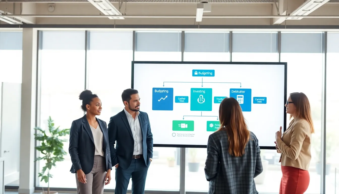 a flowchart illustrating personal finance concepts with diverse professionals in an office.