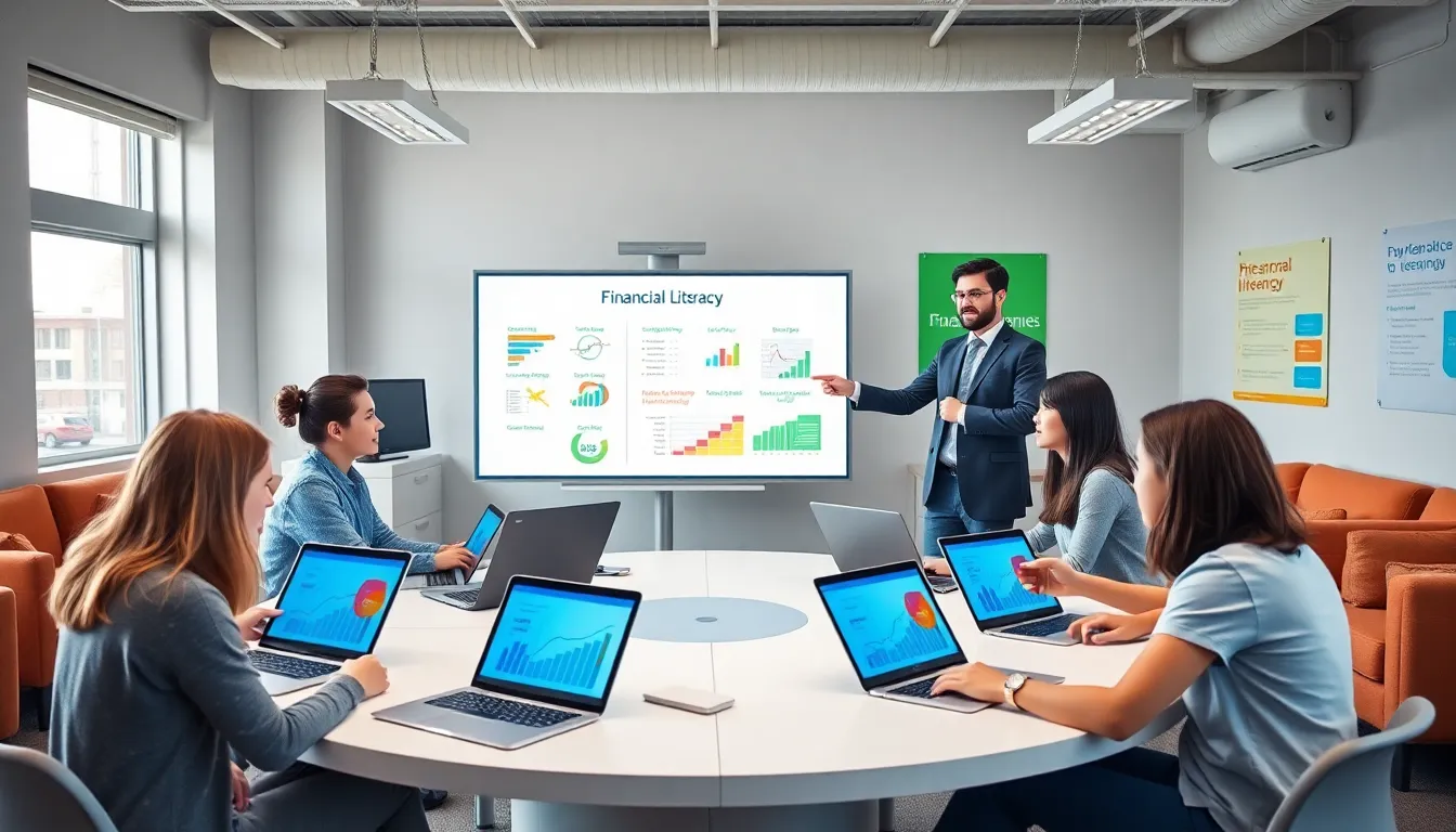 teens engaged in a financial literacy workshop in a modern classroom.