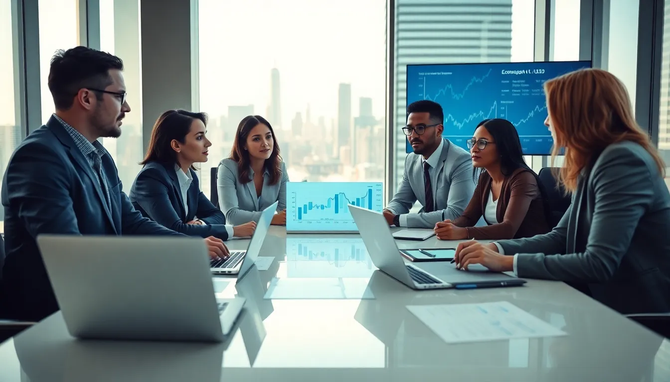 diverse team discussing economic trends in a modern conference room.