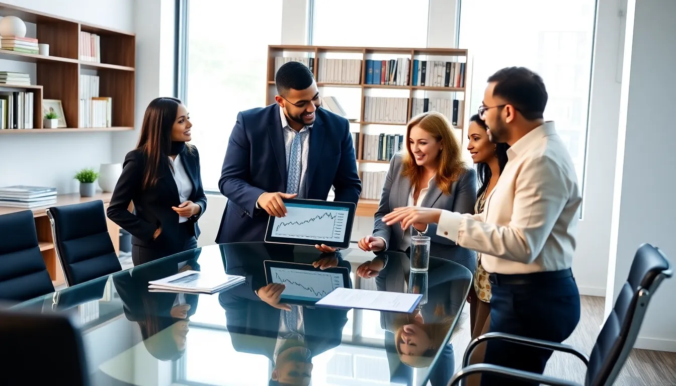 diverse team discussing finance around a glass conference table in a modern office.