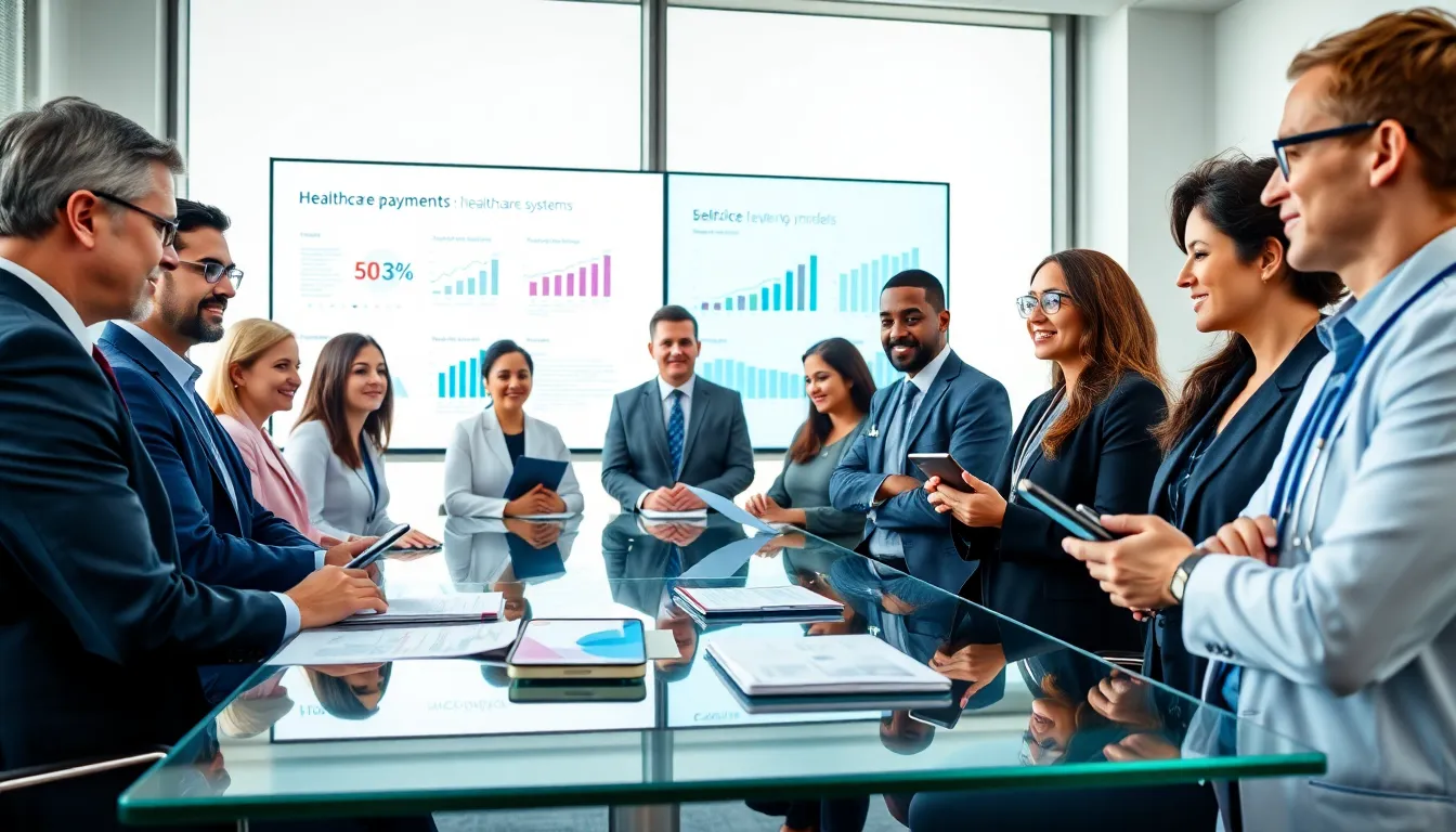 diverse healthcare professionals discussing payment systems in a modern office.