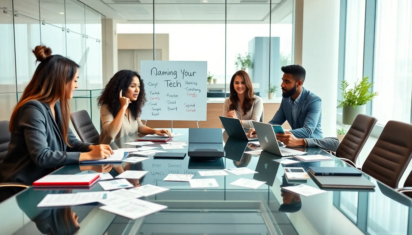 diverse team brainstorming names for a tech startup in a modern office.
