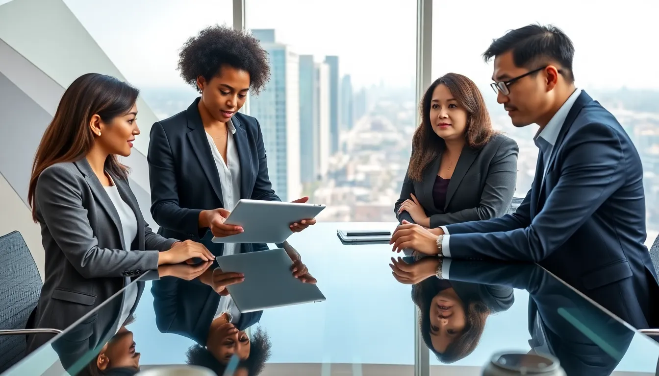 diverse professionals discussing venture capital strategies in a modern office.