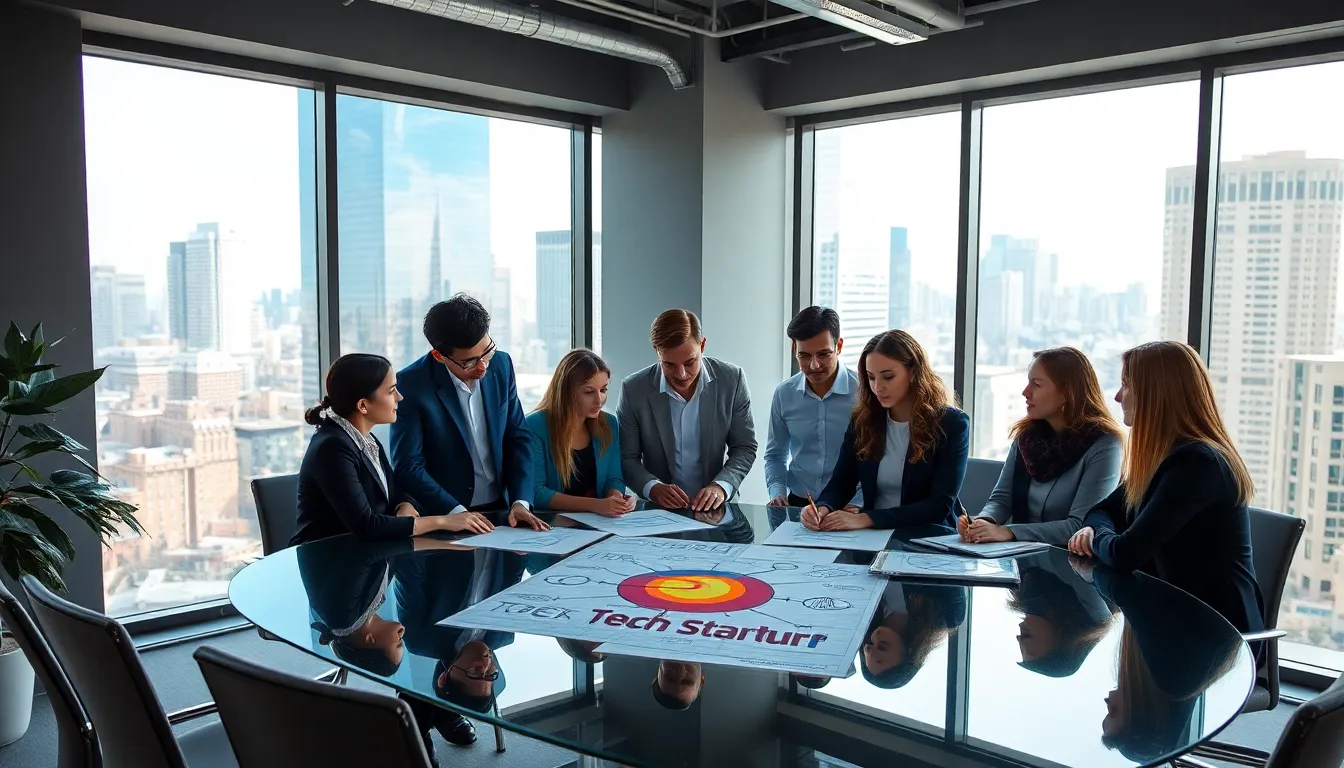 diverse team designing a tech startup logo in a modern office setting.