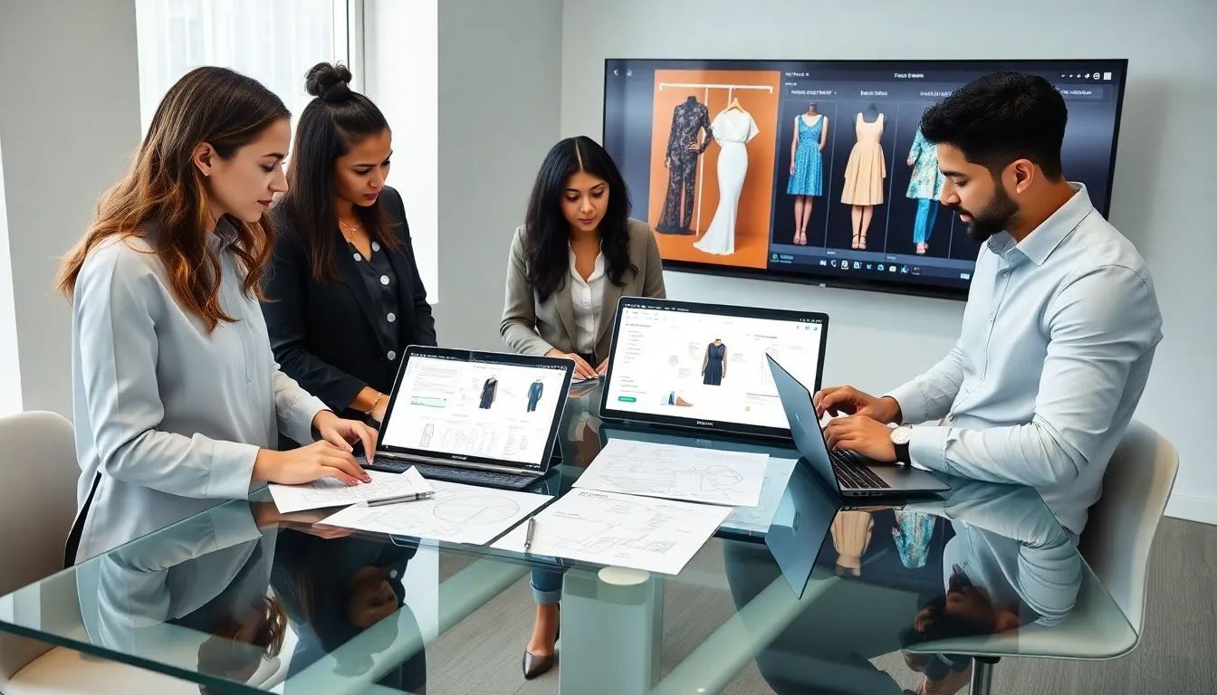 team collaborating on a fashion tech pack in a modern office.