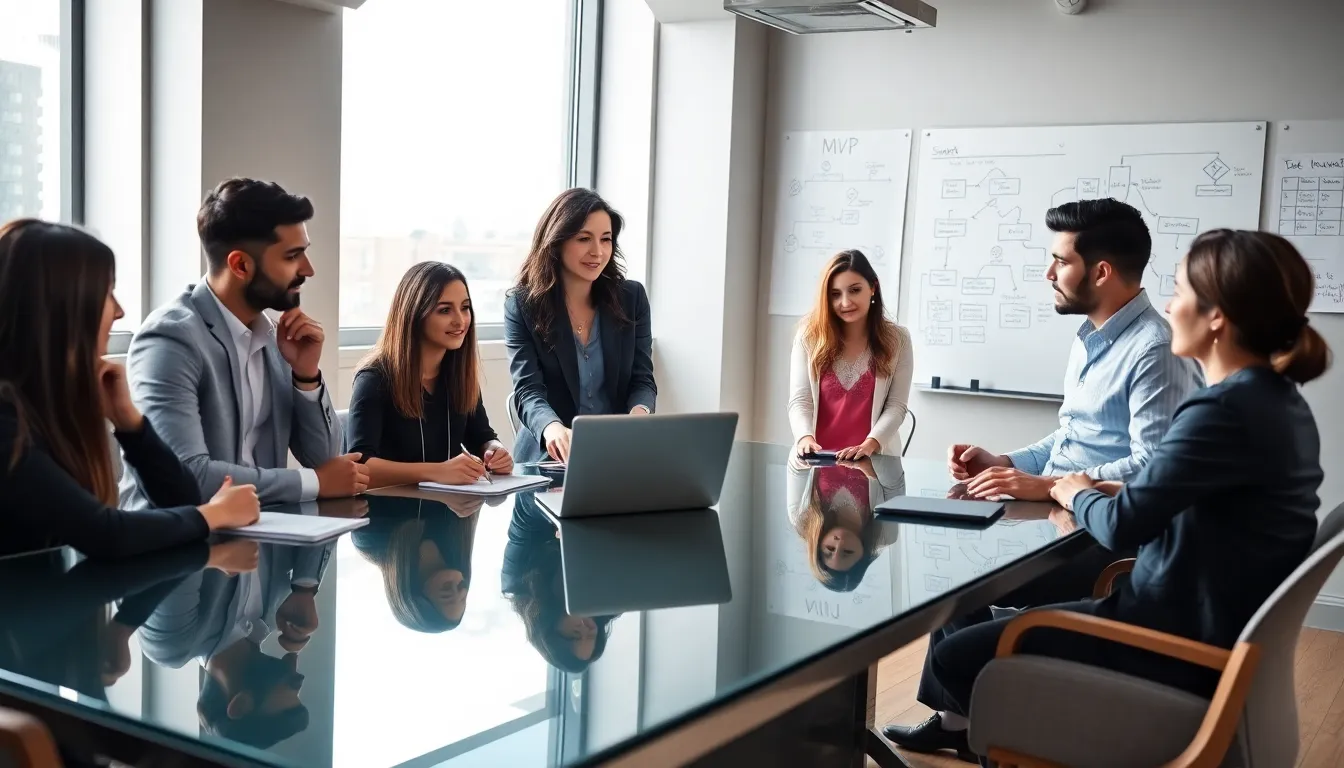 diverse team collaborating on MVP development in a modern office.